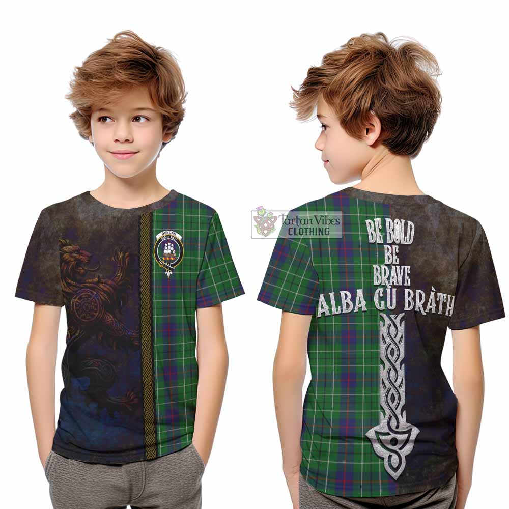 Tartan Vibes Clothing Duncan Tartan Family Crest Kid T-Shirt Alba Gu Brath Be Brave Lion Ancient Style