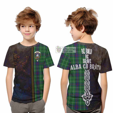 Duncan Tartan Family Crest Kid T-Shirt Alba Gu Brath Be Brave Lion Ancient Style