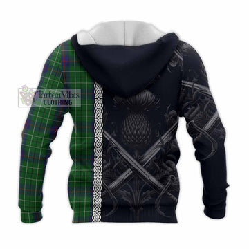 Duncan Tartan Knitted Hoodie with Family Crest Cross Sword Thistle Celtic Vibes