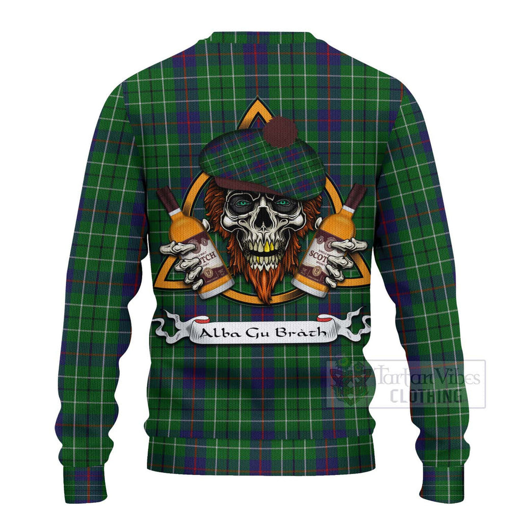 Tartan Vibes Clothing Duncan Tartan Knitted Sweater with Family Crest and Bearded Skull Holding Bottles of Whiskey