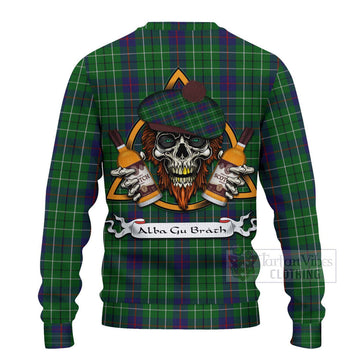 Duncan Tartan Ugly Sweater with Family Crest and Bearded Skull Holding Bottles of Whiskey