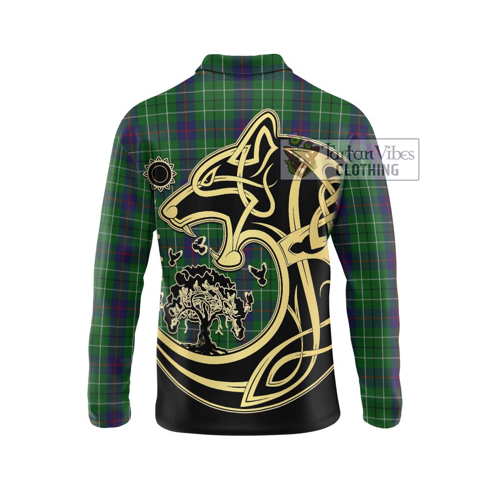 Duncan Tartan Long Sleeve Polo Shirt with Family Crest Celtic Wolf Style - Tartanvibesclothing Shop