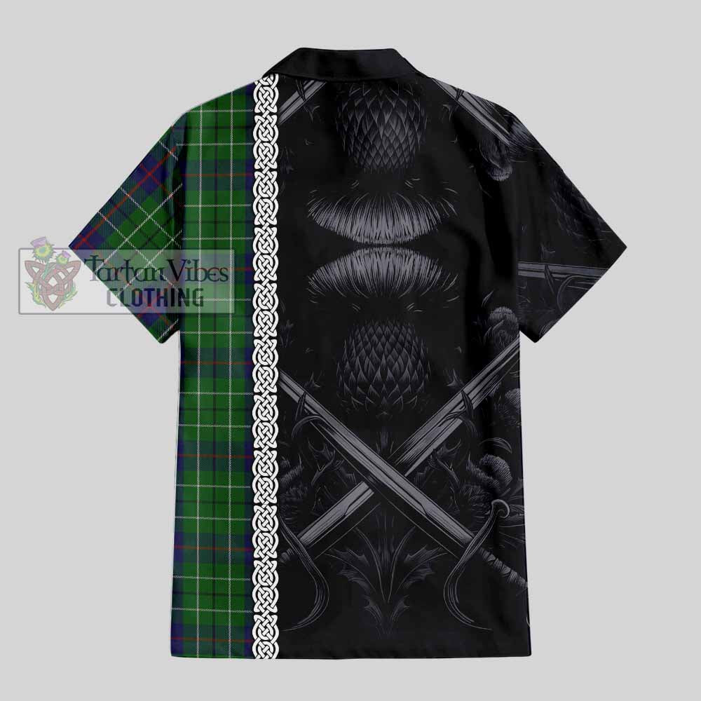 Tartan Vibes Clothing Duncan Tartan Short Sleeve Button Shirt with Family Crest Cross Sword Thistle Celtic Vibes