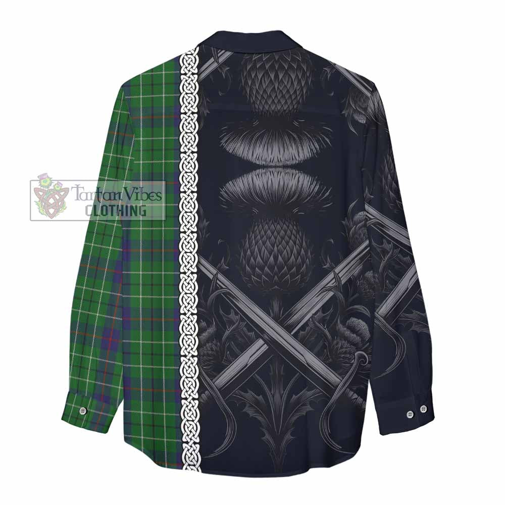 Tartan Vibes Clothing Duncan Tartan Women's Casual Shirt with Family Crest Cross Sword Thistle Celtic Vibes