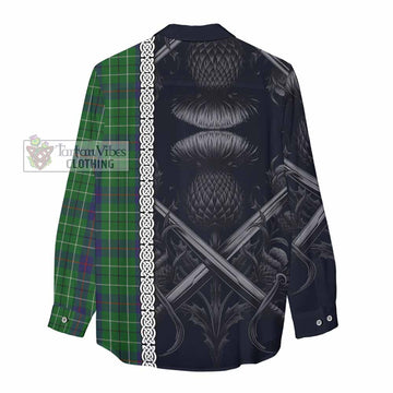 Tartan Vibes Clothing Duncan Tartan Women's Casual Shirt with Family Crest Cross Sword Thistle Celtic Vibes