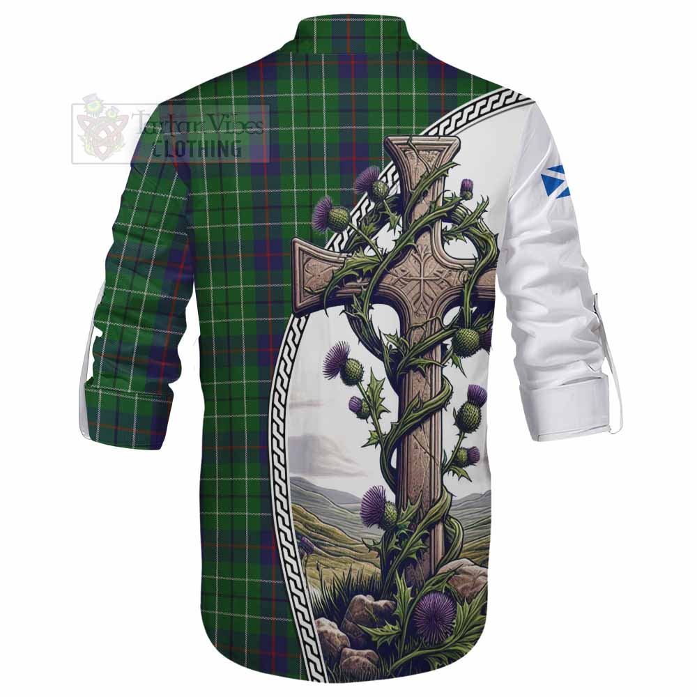 Tartan Vibes Clothing Duncan Tartan Ghillie Kilt Shirt with Family Crest and St. Andrew's Cross Accented by Thistle Vines