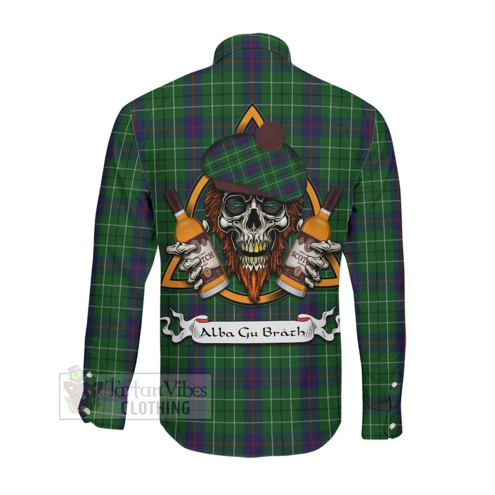 Tartan Vibes Clothing Duncan Tartan Long Sleeve Button Shirt with Family Crest and Bearded Skull Holding Bottles of Whiskey