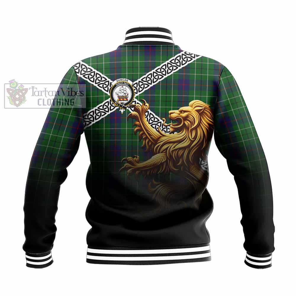 Tartan Vibes Clothing Duncan Crest Tartan Baseball Jacket with Golden Lion Emblem Celtic Style