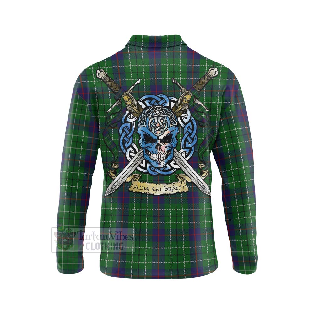 Tartan Vibes Clothing Duncan Tartan Long Sleeve Polo Shirt with Family Crest Celtic Skull Style