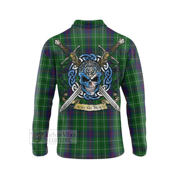 Duncan Tartan Long Sleeve Polo Shirt with Family Crest Celtic Skull Style