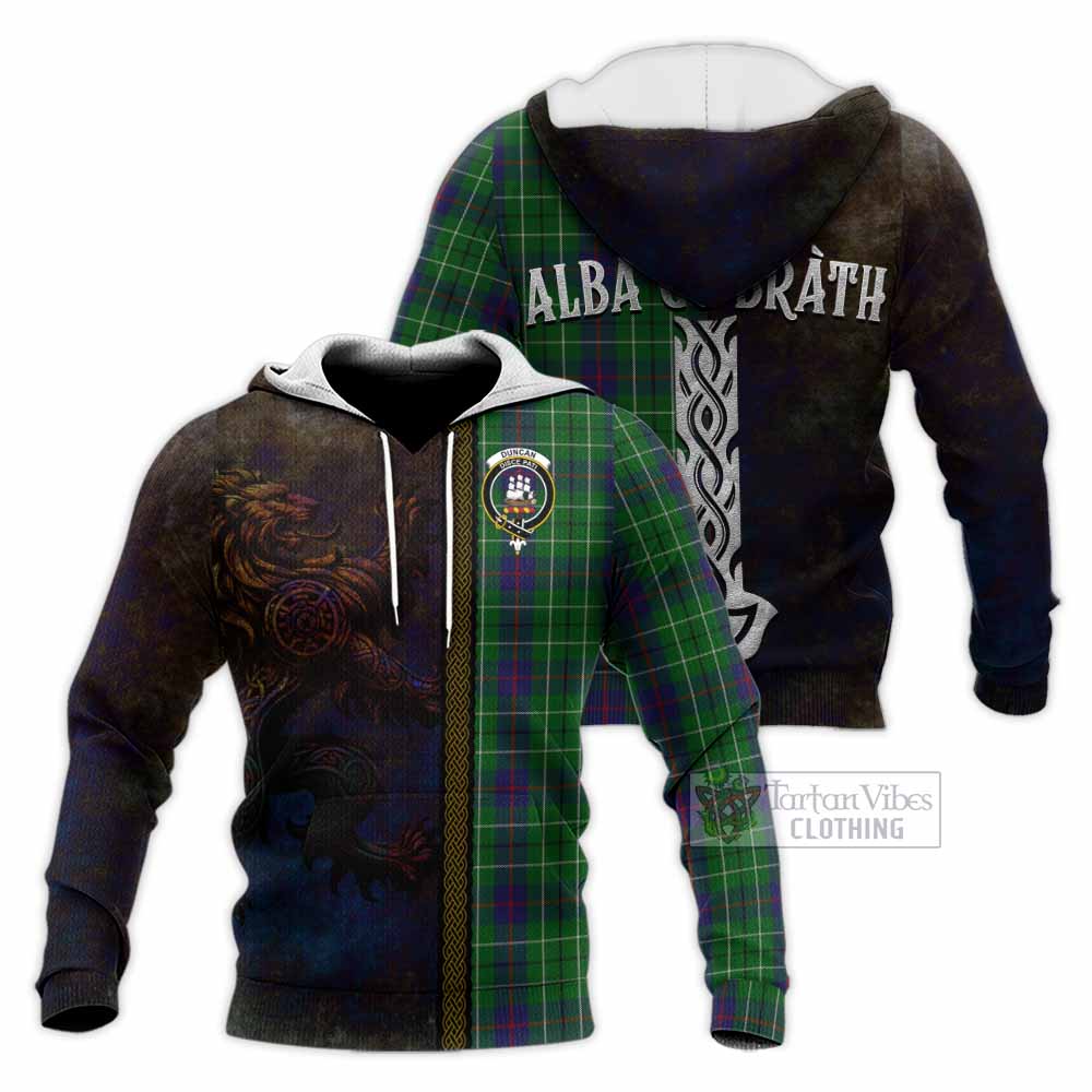 Tartan Vibes Clothing Duncan Tartan Family Crest Knitted Hoodie Alba Gu Brath Be Brave Lion Ancient Style