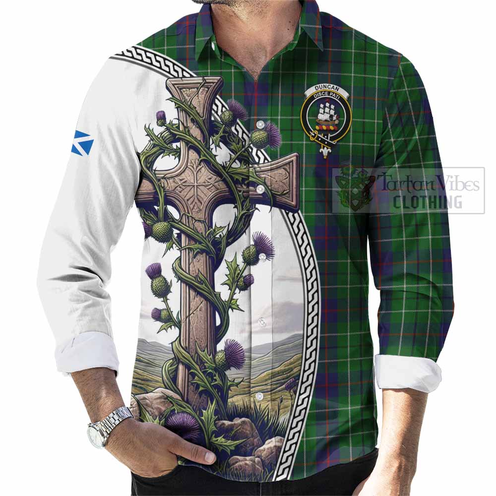 Tartan Vibes Clothing Duncan Tartan Long Sleeve Button Shirt with Family Crest and St. Andrew's Cross Accented by Thistle Vines