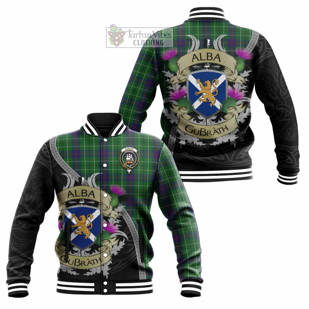 Tartan Vibes Clothing Duncan Tartan Family Crest Baseball Jacket Lion Rampant Royal Thistle Shield Celtic Inspired