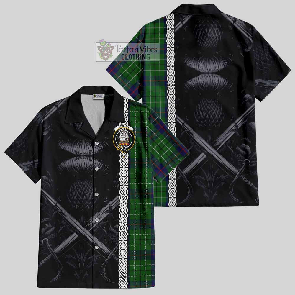 Tartan Vibes Clothing Duncan Tartan Short Sleeve Button Shirt with Family Crest Cross Sword Thistle Celtic Vibes
