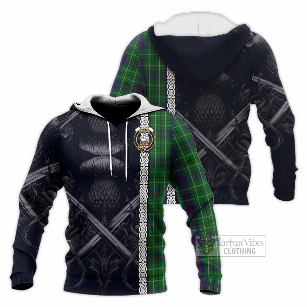 Tartan Vibes Clothing Duncan Tartan Knitted Hoodie with Family Crest Cross Sword Thistle Celtic Vibes