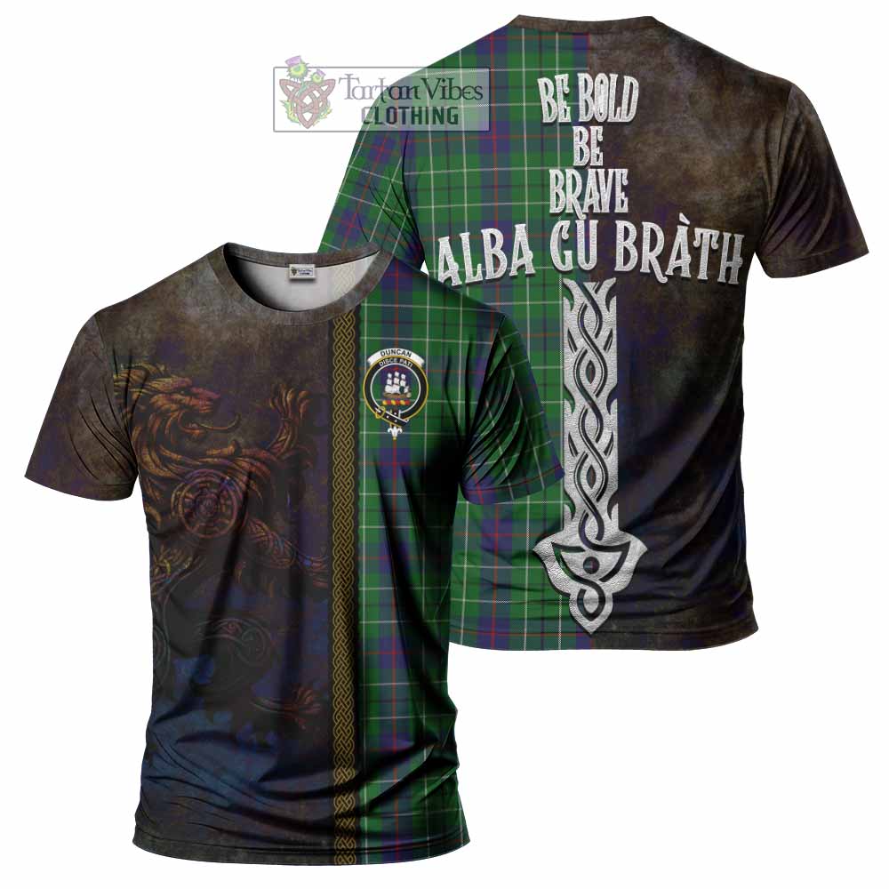 Tartan Vibes Clothing Duncan Tartan Family Crest T-Shirt Alba Gu Brath Be Brave Lion Ancient Style