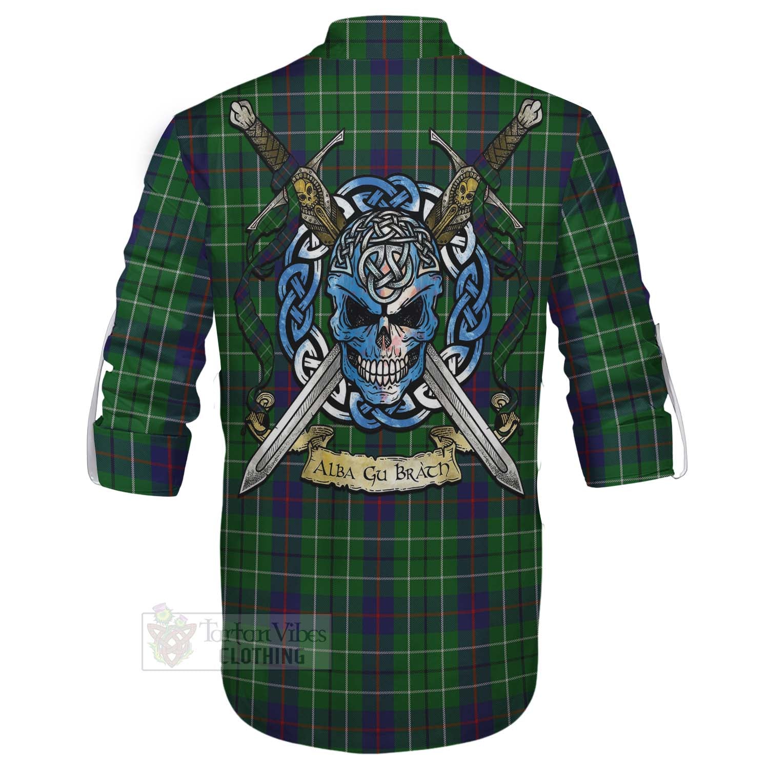 Tartan Vibes Clothing Duncan Tartan Ghillie Kilt Shirt with Family Crest Celtic Skull Style