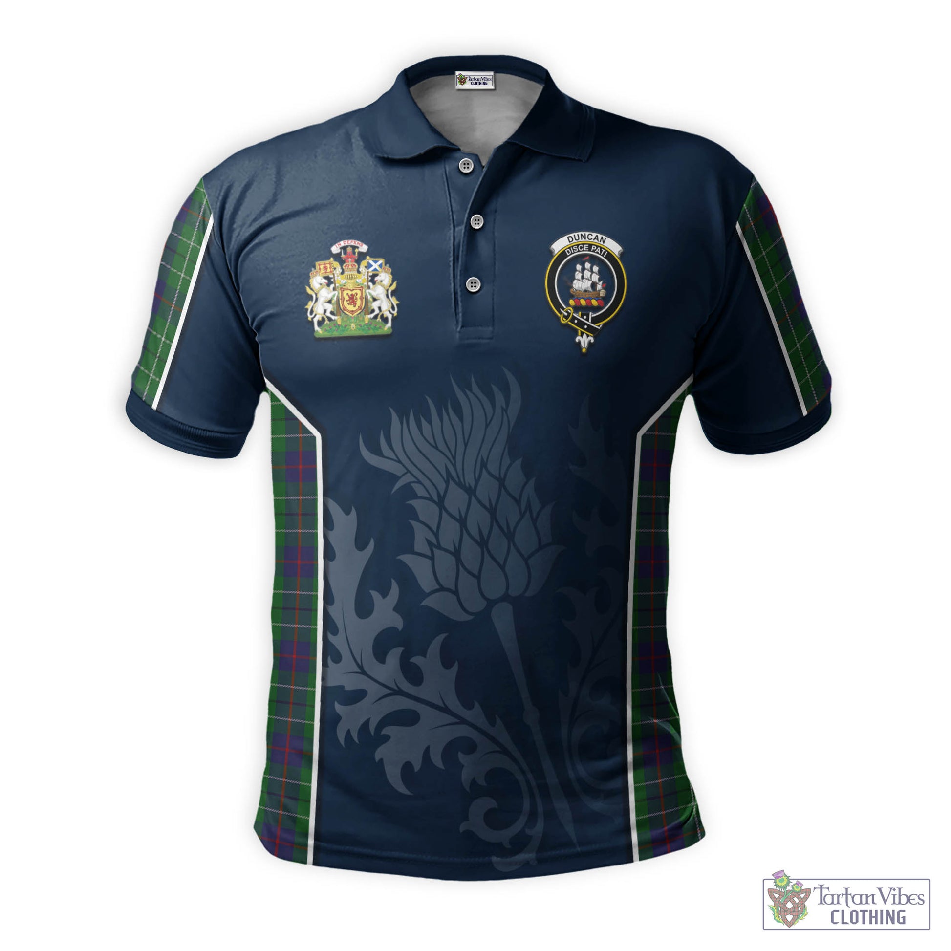 Tartan Vibes Clothing Duncan Tartan Men's Polo Shirt with Family Crest and Scottish Thistle Vibes Sport Style