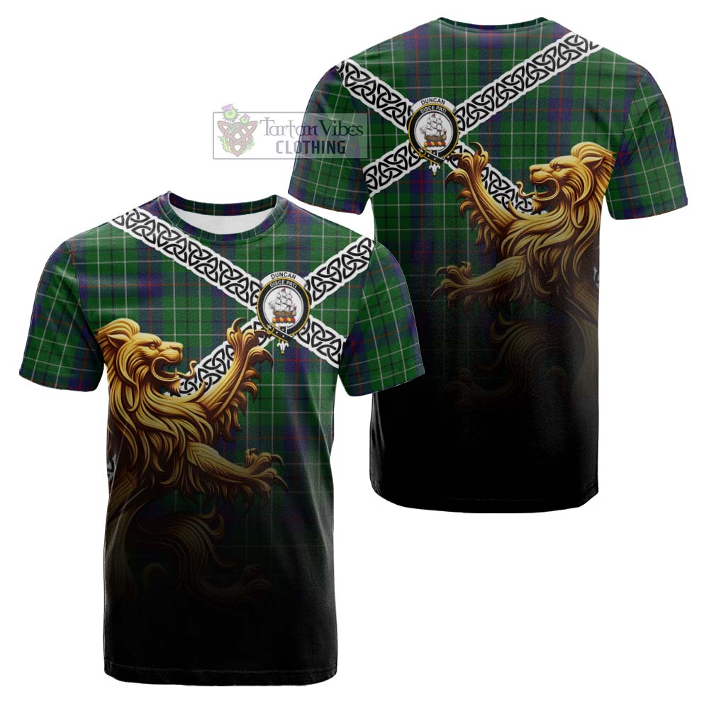 Tartan Vibes Clothing Duncan Crest Tartan Cotton T-shirt with Golden Lion Emblem Celtic Style