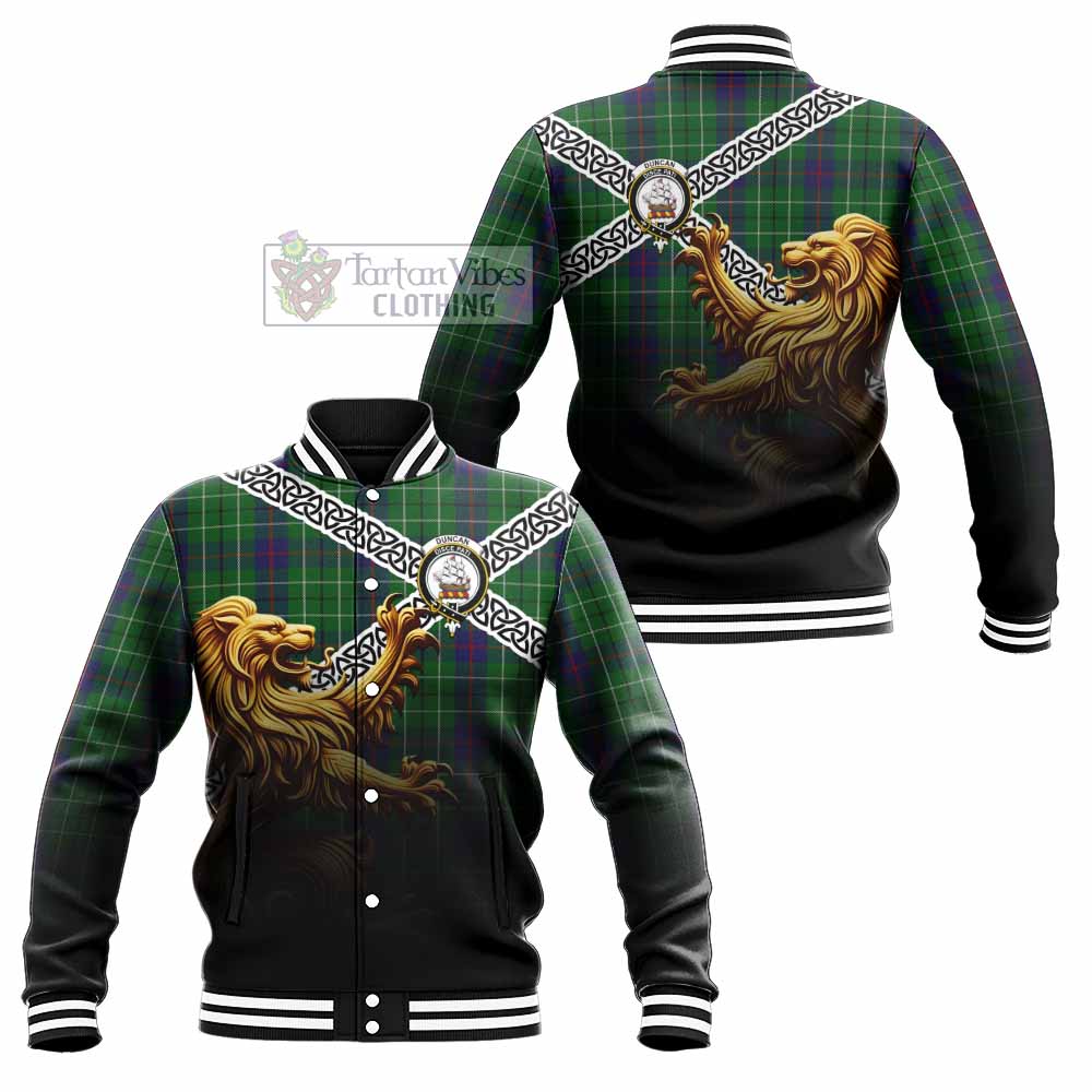 Tartan Vibes Clothing Duncan Crest Tartan Baseball Jacket with Golden Lion Emblem Celtic Style