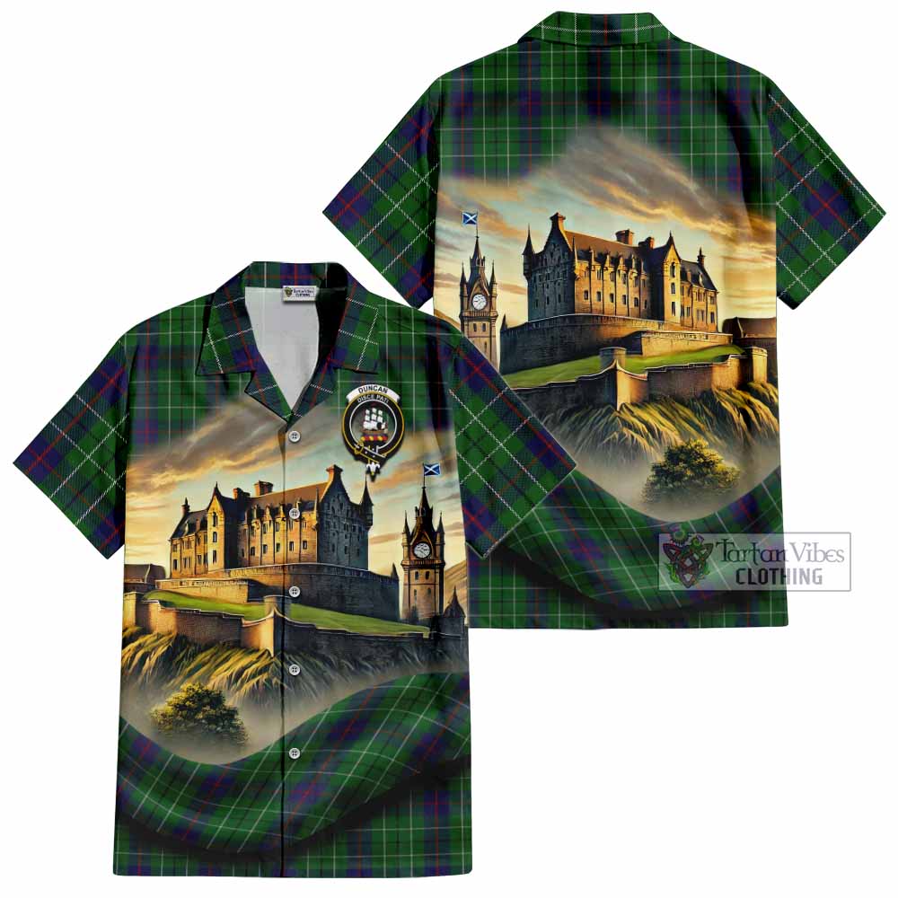 Tartan Vibes Clothing Duncan Tartan Family Crest Short Sleeve Button Shirt with Scottish Ancient Castle Style