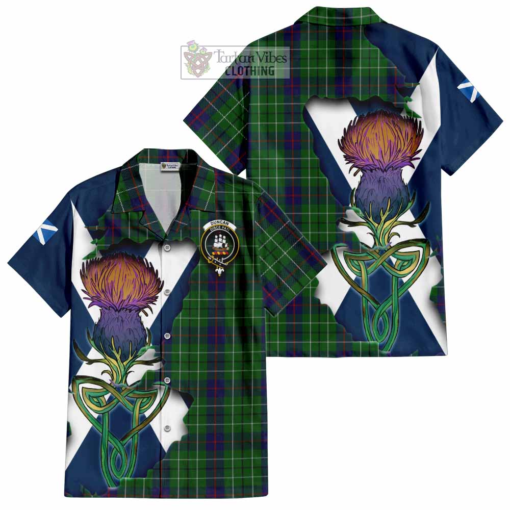 Tartan Vibes Clothing Duncan Tartan Family Crest Short Sleeve Button Shirt Scottish Thistle Celtic Inspired