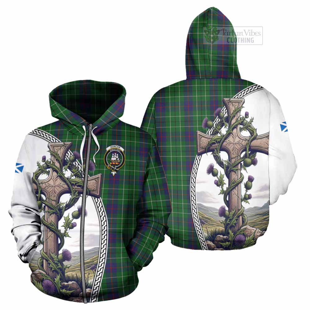 Tartan Vibes Clothing Duncan Tartan Hoodie with Family Crest and St. Andrew's Cross Accented by Thistle Vines