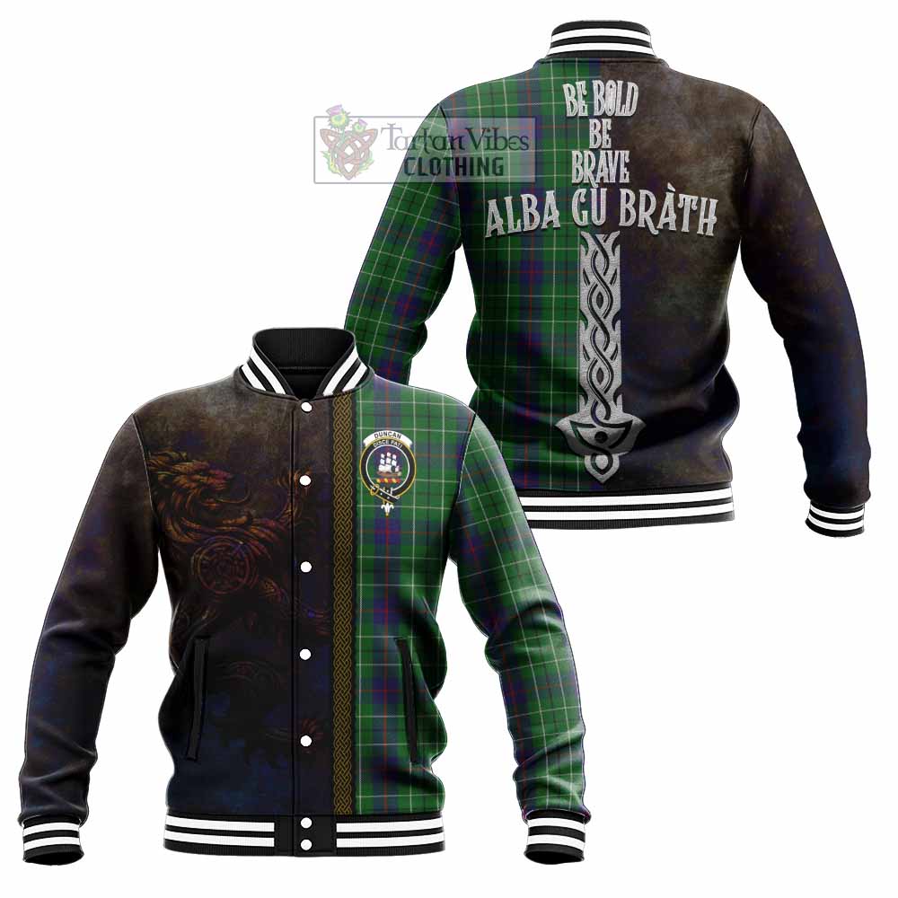 Tartan Vibes Clothing Duncan Tartan Family Crest Baseball Jacket Alba Gu Brath Be Brave Lion Ancient Style
