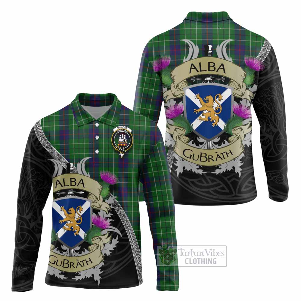 Tartan Vibes Clothing Duncan Tartan Family Crest Long Sleeve Polo Shirt Lion Rampant Royal Thistle Shield Celtic Inspired