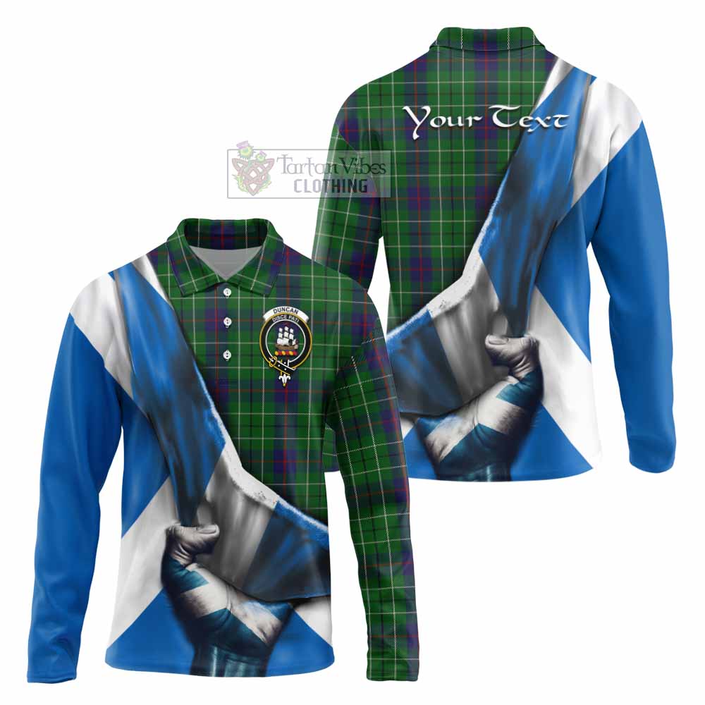 Tartan Vibes Clothing Duncan Tartan Long Sleeve Polo Shirt with Family Crest Scotland Patriotic Style