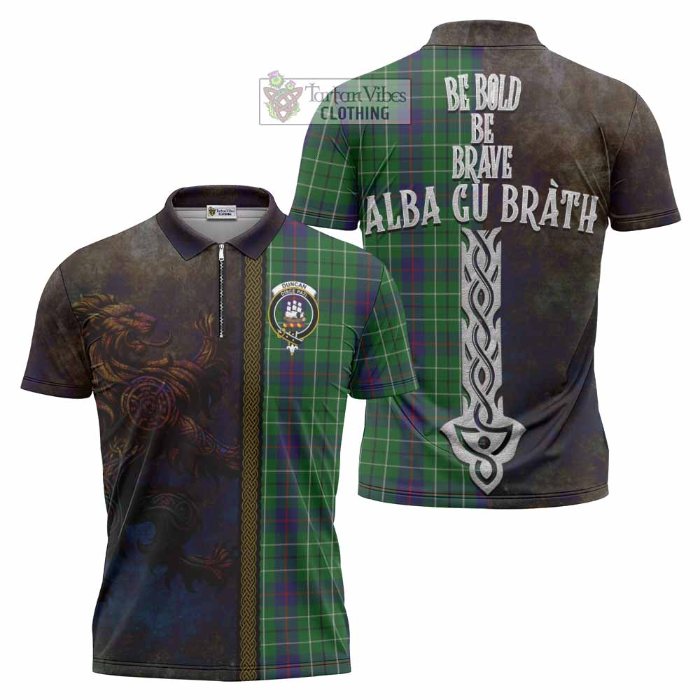 Tartan Vibes Clothing Duncan Tartan Family Crest Zipper Polo Shirt Alba Gu Brath Be Brave Lion Ancient Style
