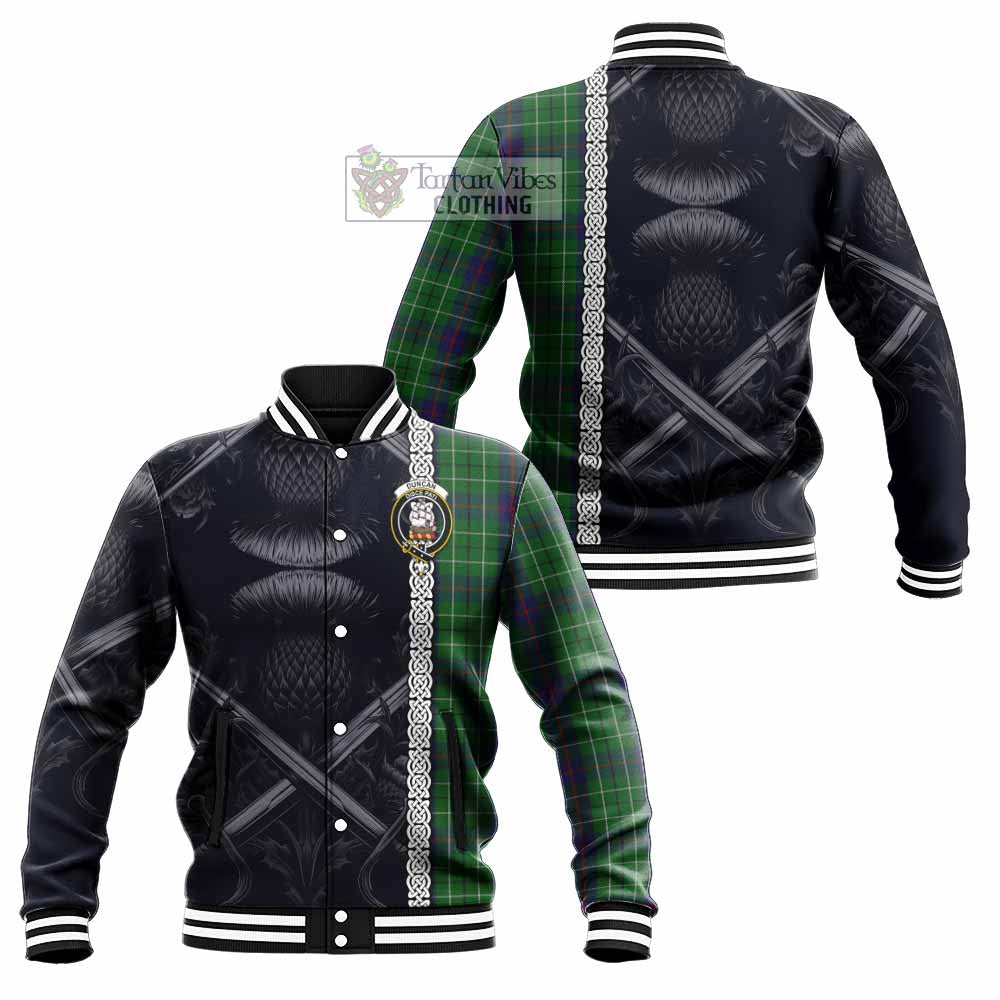 Tartan Vibes Clothing Duncan Tartan Baseball Jacket with Family Crest Cross Sword Thistle Celtic Vibes