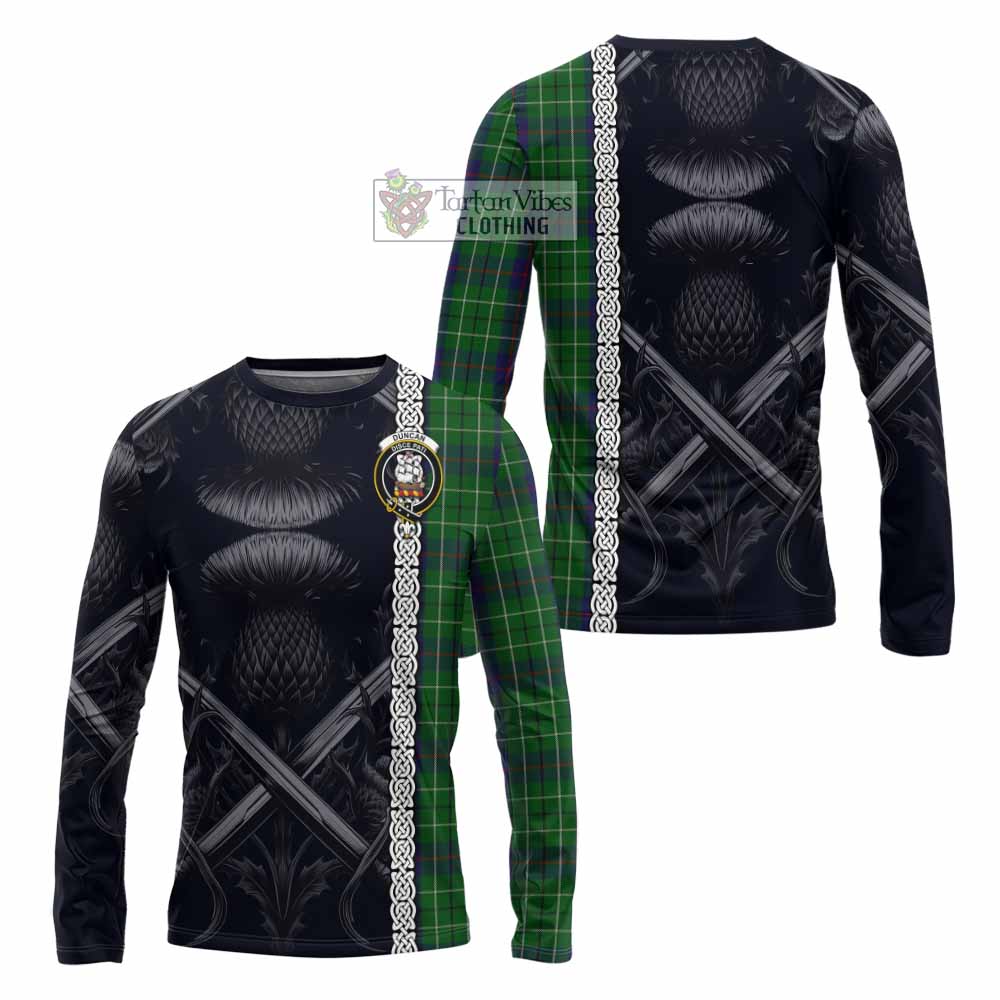 Tartan Vibes Clothing Duncan Tartan Long Sleeve T-Shirt with Family Crest Cross Sword Thistle Celtic Vibes