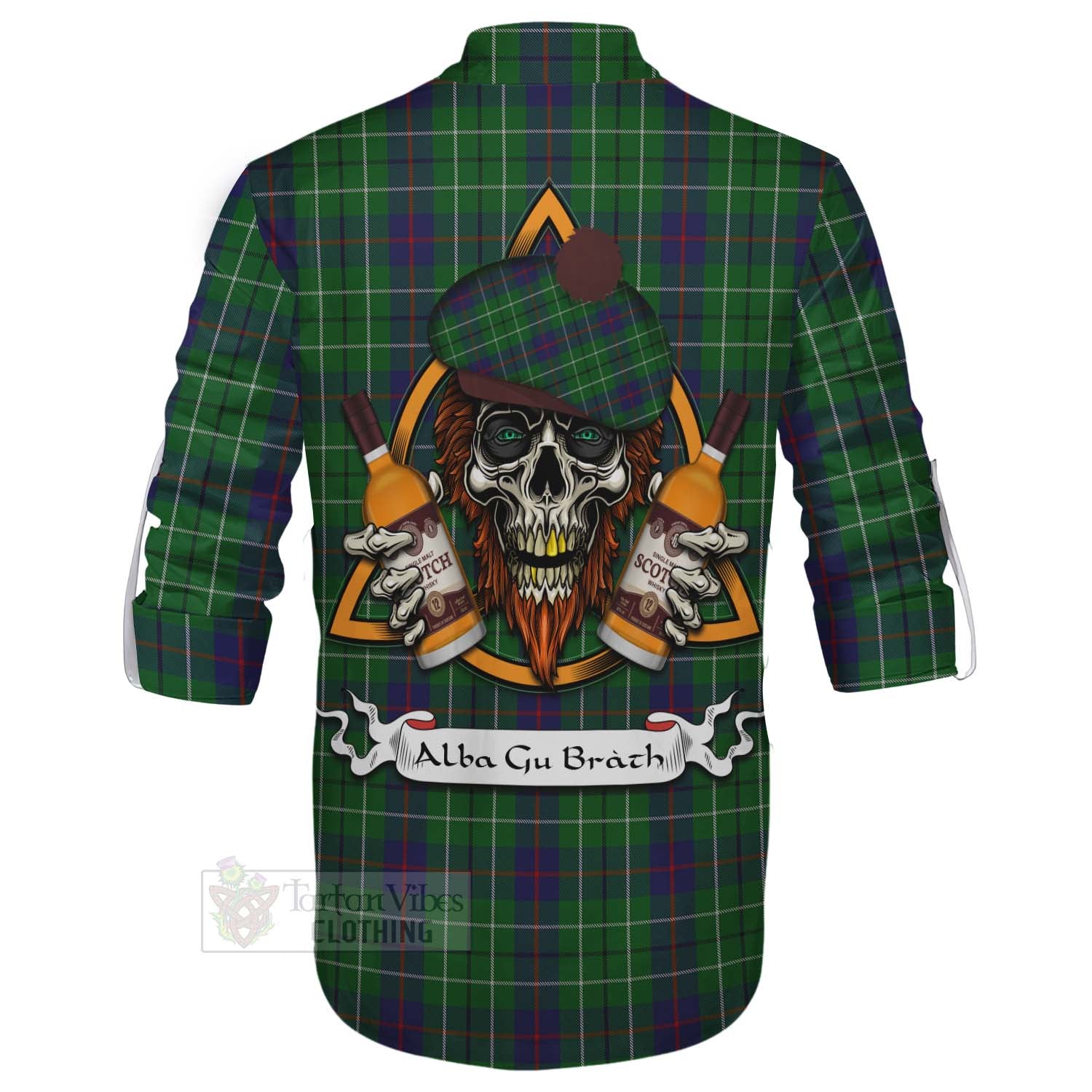 Tartan Vibes Clothing Duncan Tartan Ghillie Kilt Shirt with Family Crest and Bearded Skull Holding Bottles of Whiskey