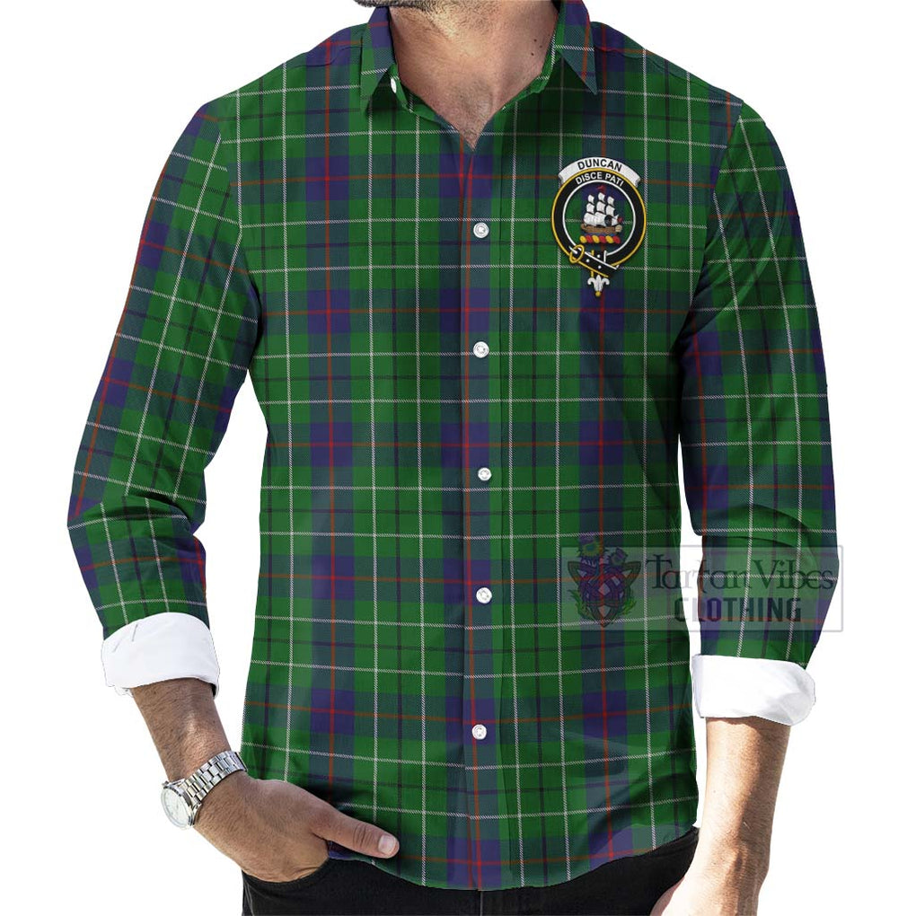Tartan Vibes Clothing Duncan Tartan Long Sleeve Button Shirt with Family Crest and Bearded Skull Holding Bottles of Whiskey