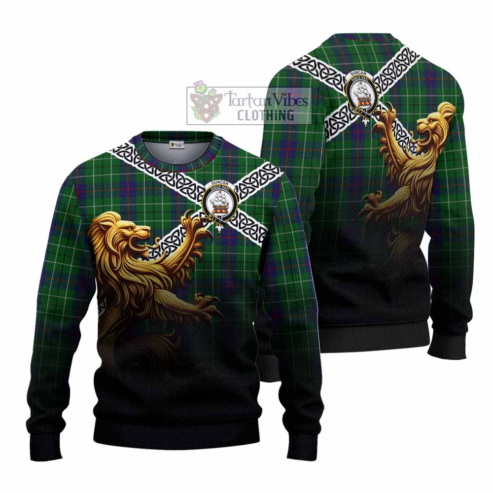 Tartan Vibes Clothing Duncan Crest Tartan Knitted Sweater with Golden Lion Emblem Celtic Style