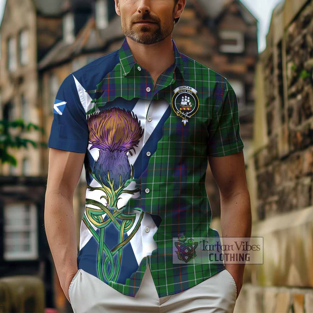 Tartan Vibes Clothing Duncan Tartan Family Crest Short Sleeve Button Shirt Scottish Thistle Celtic Inspired