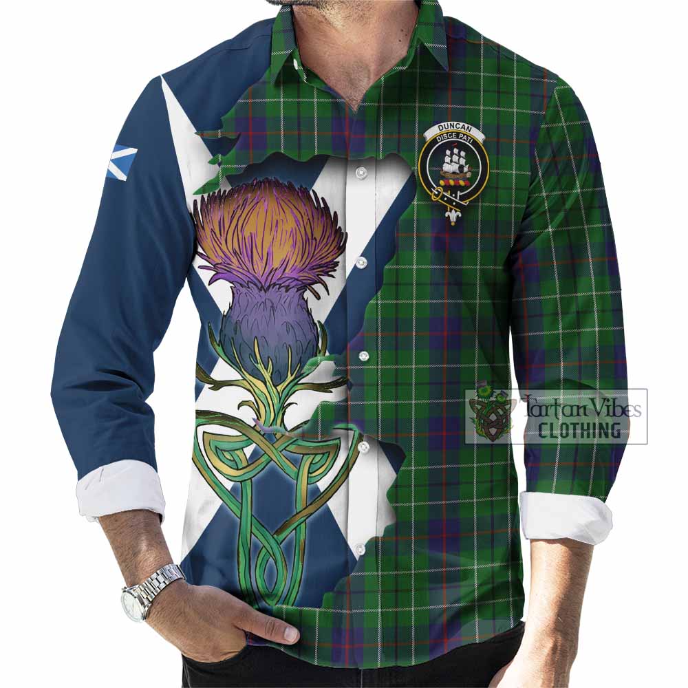 Tartan Vibes Clothing Duncan Tartan Family Crest Long Sleeve Button Shirt Scottish Thistle Celtic Inspired