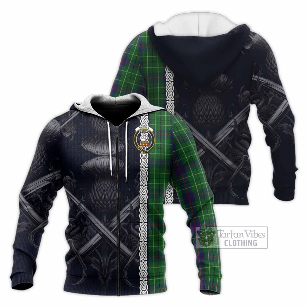 Tartan Vibes Clothing Duncan Tartan Knitted Hoodie with Family Crest Cross Sword Thistle Celtic Vibes