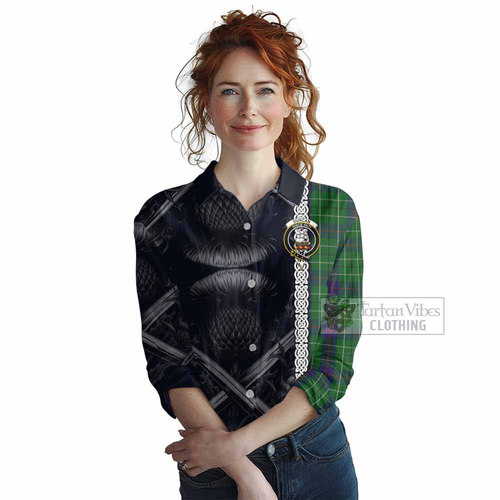 Tartan Vibes Clothing Duncan Tartan Women's Casual Shirt with Family Crest Cross Sword Thistle Celtic Vibes