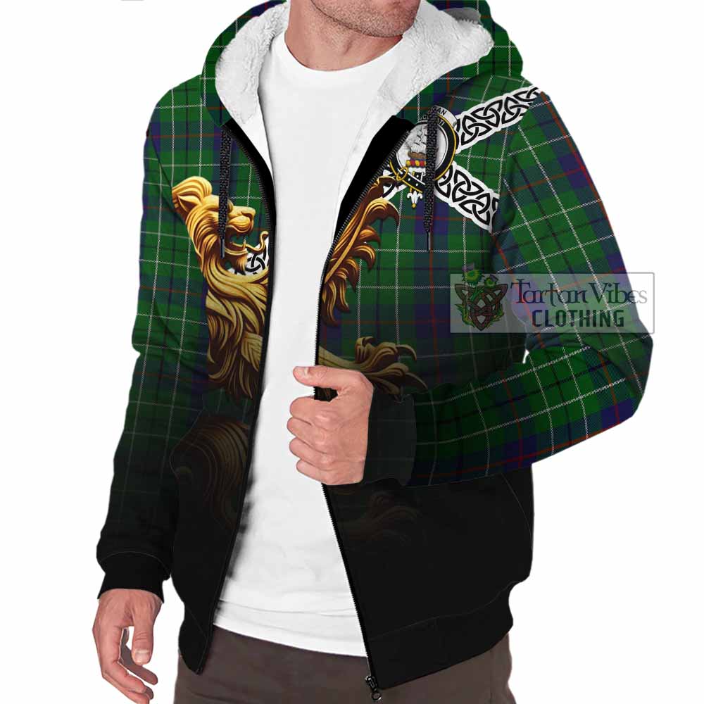 Tartan Vibes Clothing Duncan Crest Tartan Sherpa Hoodie with Golden Lion Emblem Celtic Style