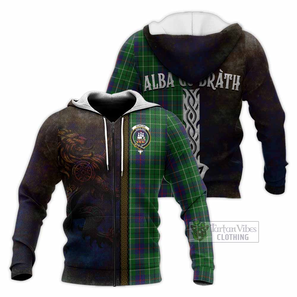 Tartan Vibes Clothing Duncan Tartan Family Crest Knitted Hoodie Alba Gu Brath Be Brave Lion Ancient Style
