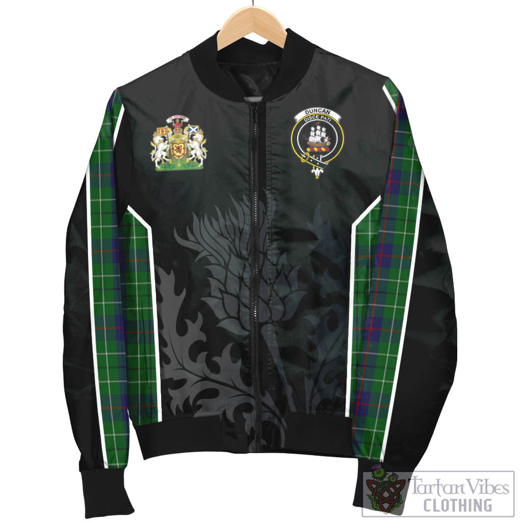 Tartan Vibes Clothing Duncan Tartan Bomber Jacket with Family Crest and Scottish Thistle Vibes Sport Style