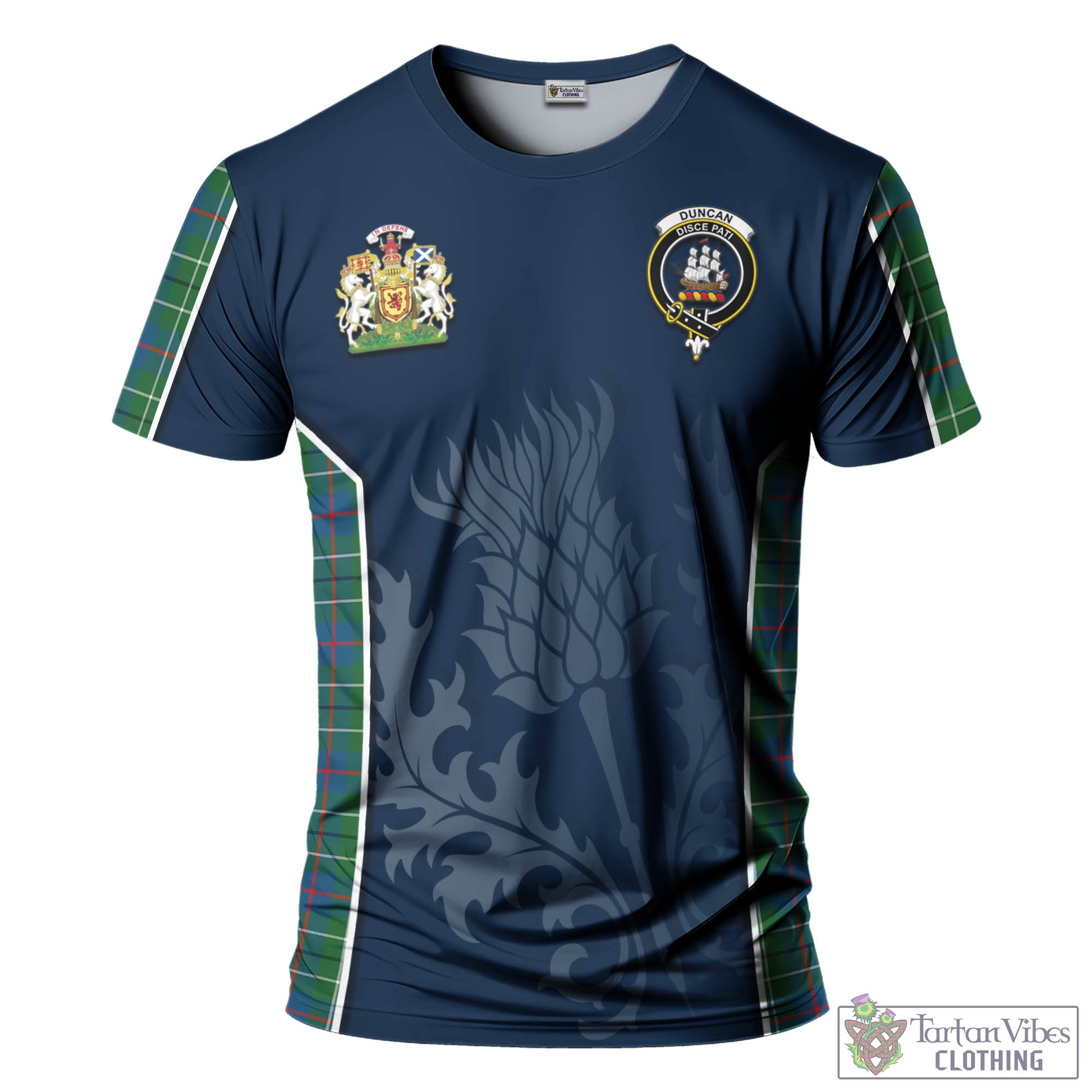 Tartan Vibes Clothing Duncan Ancient Tartan T-Shirt with Family Crest and Scottish Thistle Vibes Sport Style