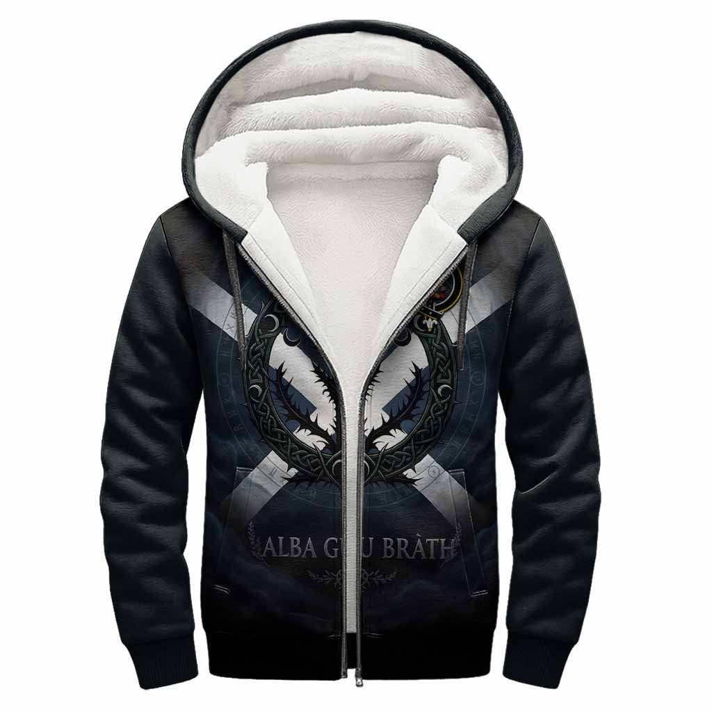 Duncan Clan Crest Sherpa Hoodie with Celtic Knot Thistle and Saltire
