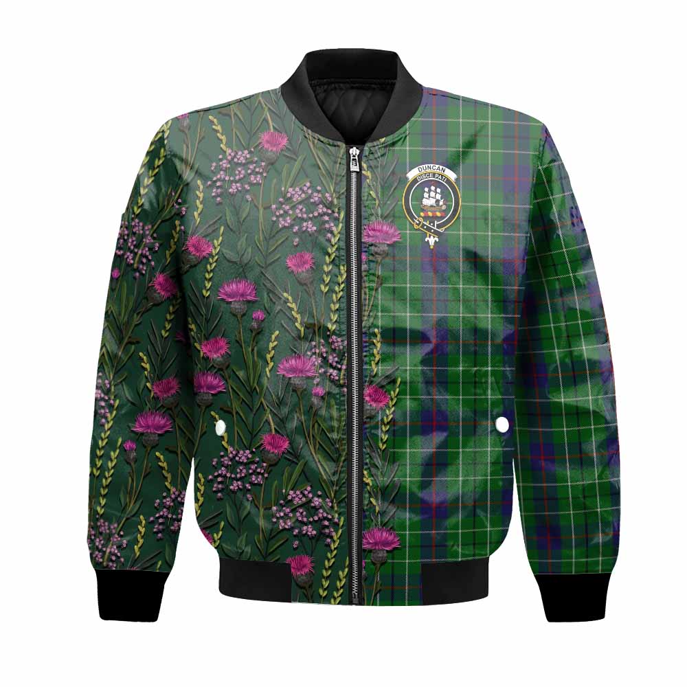 Duncan Family Crest Tartan Bomber Jacket Scottish Thistle Flower Pattern Half Style - Tartan Vibes Clothing