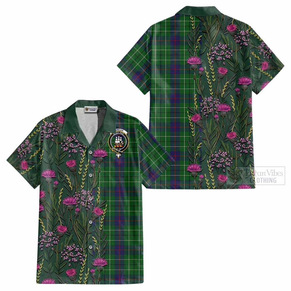 Duncan Family Crest Tartan Cotton Hawaiian Shirt Scottish Thistle Flower Pattern Half Style - Tartan Vibes Clothing