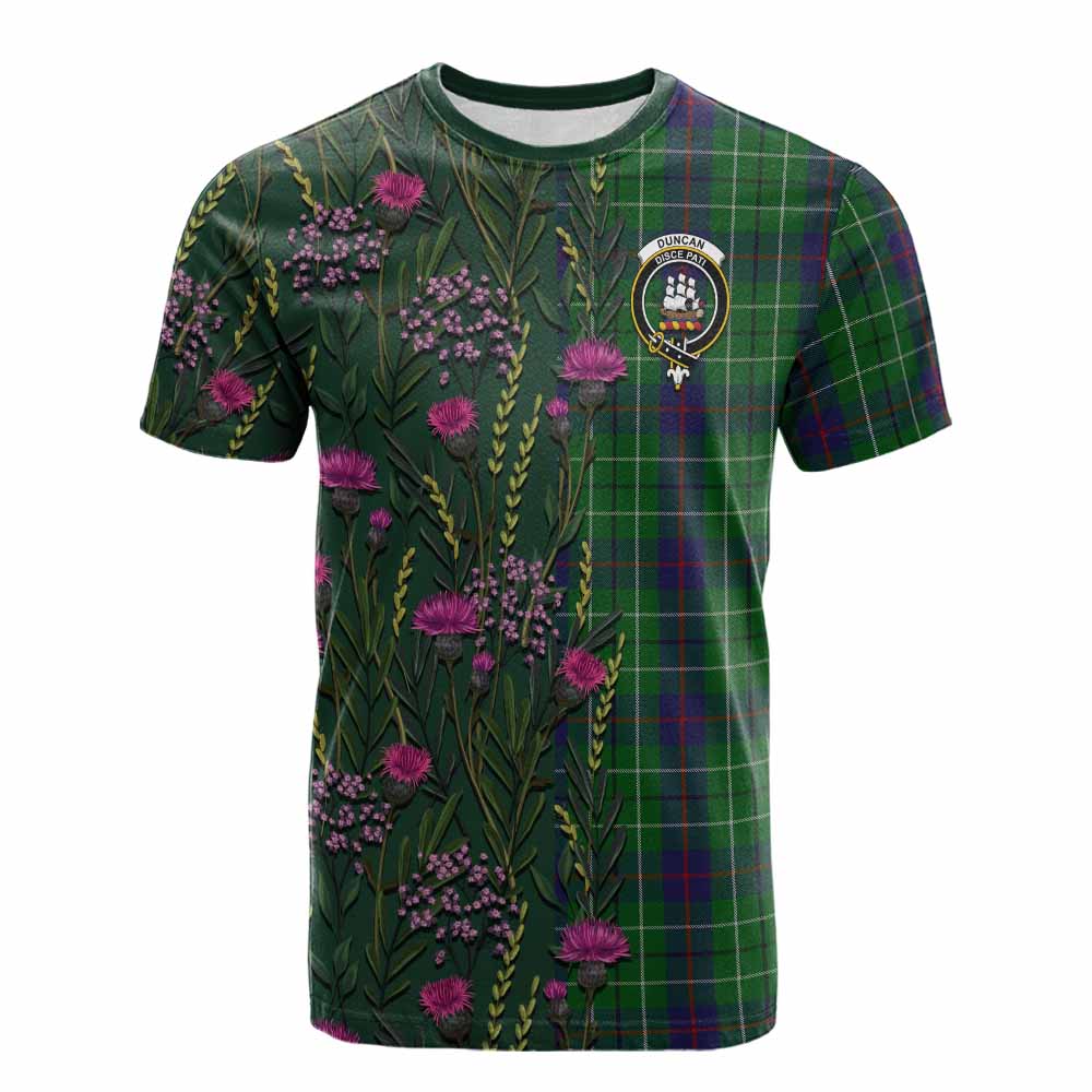 Duncan Family Crest Tartan Cotton T-shirt Scottish Thistle Flower Pattern Half Style - Tartan Vibes Clothing