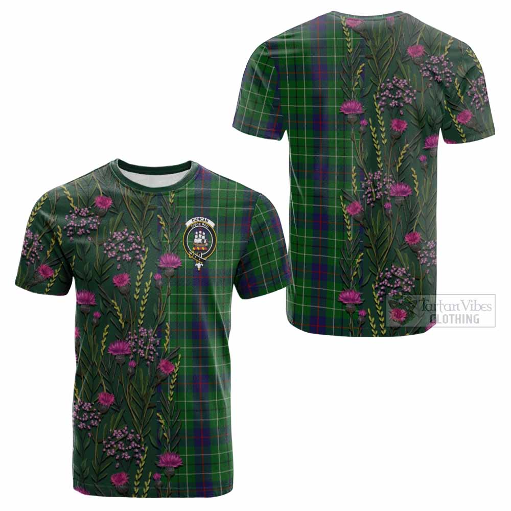 Duncan Family Crest Tartan Cotton T-shirt Scottish Thistle Flower Pattern Half Style - Tartan Vibes Clothing