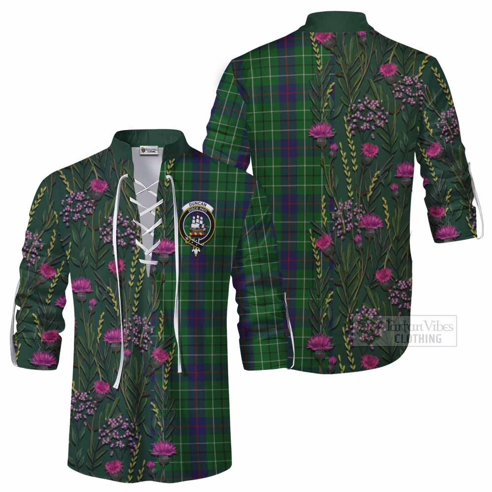 Duncan Family Crest Tartan Ghillie Shirt Scottish Thistle Flower Pattern Half Style - Tartan Vibes Clothing